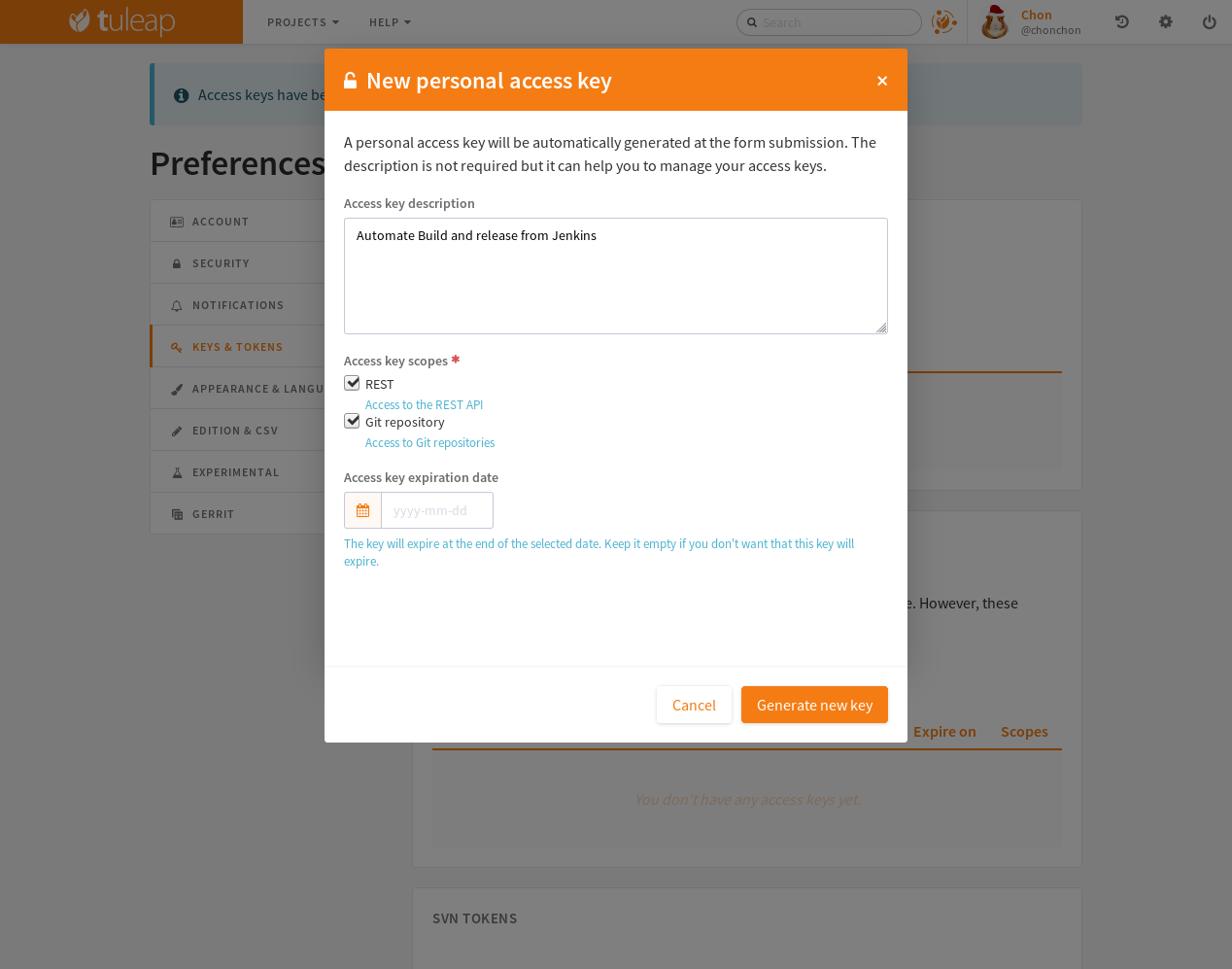 Modal for access key generation