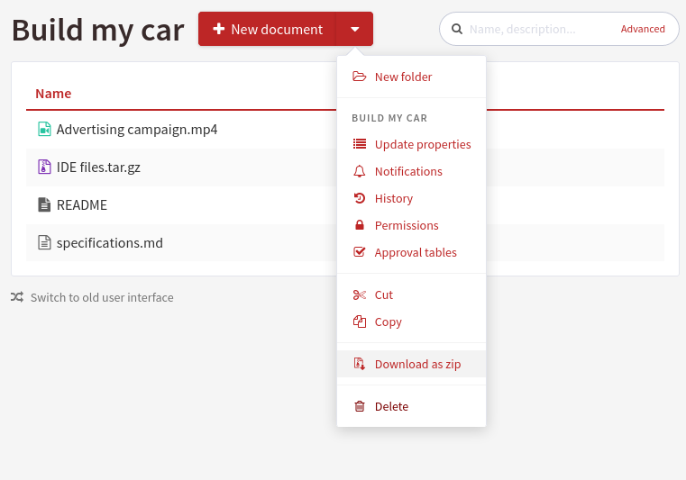 Screenshot of the "Download a folder as zip" dropdown menu item