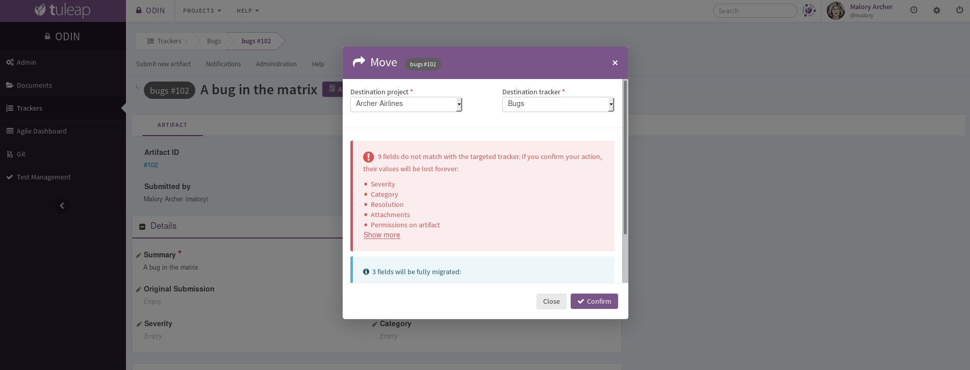 Move artifact modal