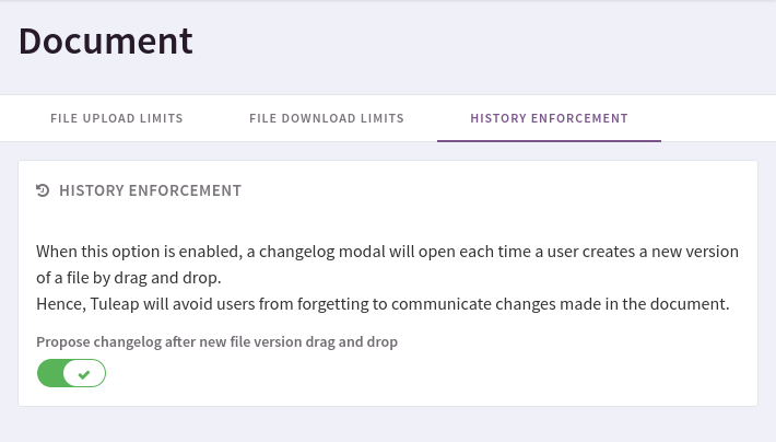Screenshot of the "History enforcement" tab in Site administration