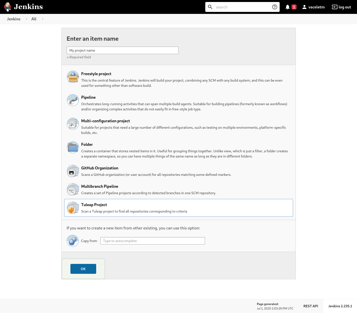 New Tuleap Project job creation