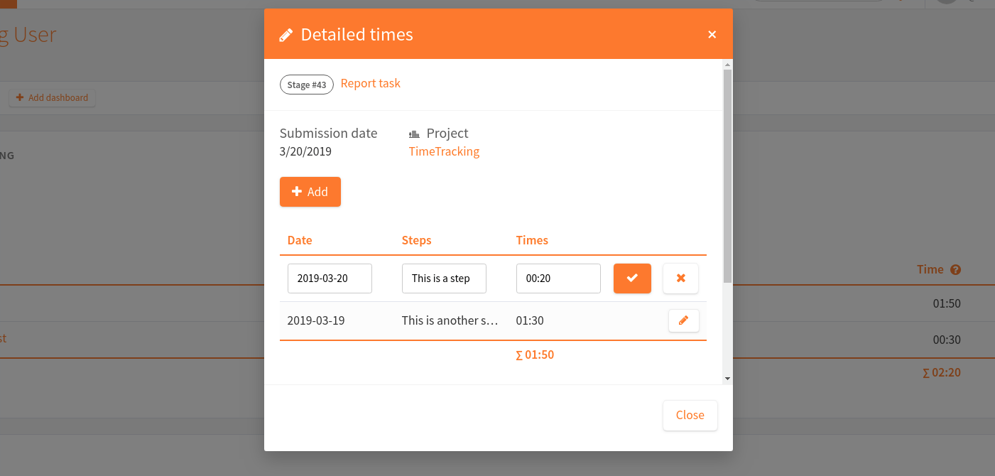 Timetracking personal user widget modal